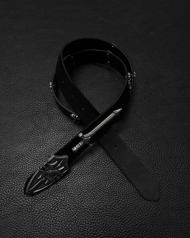 TALKLESSFASHION Black for waist circumference (75-95) cm Direction of Light Vintage Aged Sword Shield Belt Antique Silver Black Belt Vintage Crow Heart