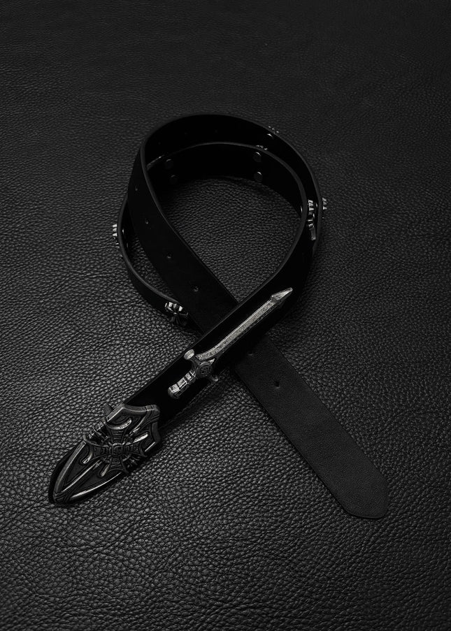 TALKLESSFASHION Black for waist circumference (75-95) cm Direction of Light Vintage Aged Sword Shield Belt Antique Silver Black Belt Vintage Crow Heart