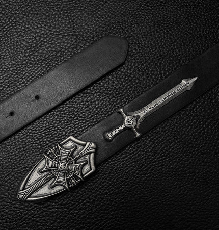 TALKLESSFASHION Black for waist circumference (75-95) cm Direction of Light Vintage Aged Sword Shield Belt Antique Silver Black Belt Vintage Crow Heart