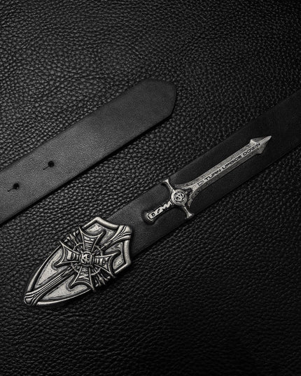 TALKLESSFASHION Black for waist circumference (75-95) cm Direction of Light Vintage Aged Sword Shield Belt Antique Silver Black Belt Vintage Crow Heart