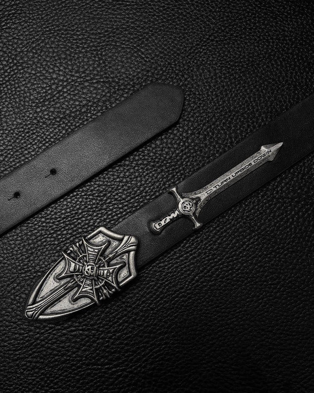TALKLESSFASHION Black for waist circumference (75-95) cm Direction of Light Vintage Aged Sword Shield Belt Antique Silver Black Belt Vintage Crow Heart