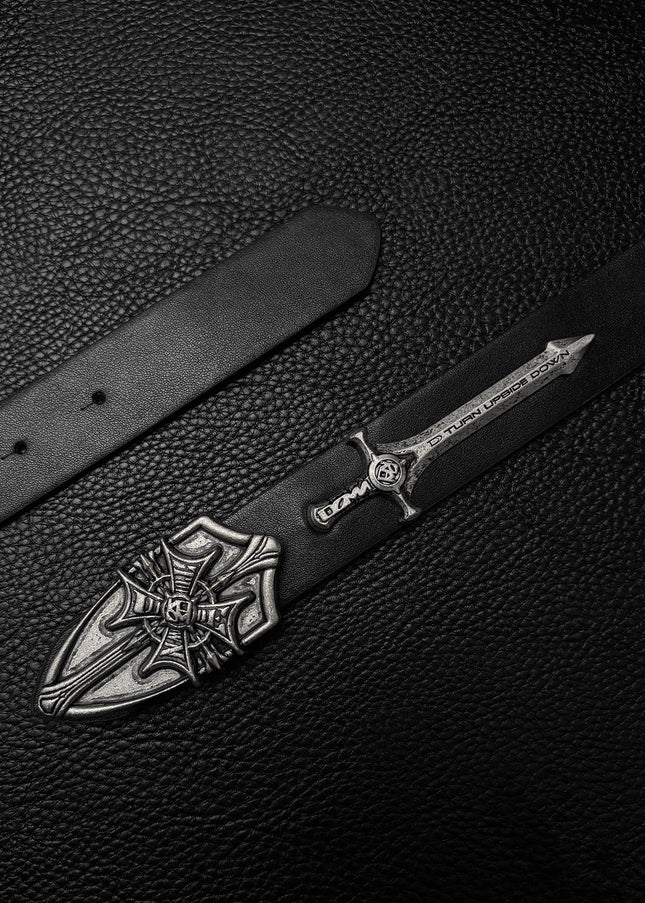 TALKLESSFASHION Black for waist circumference (75-95) cm Direction of Light Vintage Aged Sword Shield Belt Antique Silver Black Belt Vintage Crow Heart
