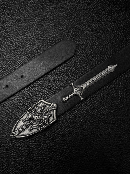 THETLSTUDIO Black for waist circumference (75-95) cm Direction of Light Vintage Aged Sword Shield Belt Antique Silver Black Belt Vintage Crow Heart