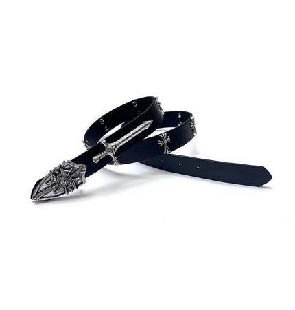 TALKLESSFASHION Black for waist circumference (75-95) cm Direction of Light Vintage Aged Sword Shield Belt Antique Silver Black Belt Vintage Crow Heart