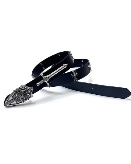 TALKLESSFASHION Black for waist circumference (75-95) cm Direction of Light Vintage Aged Sword Shield Belt Antique Silver Black Belt Vintage Crow Heart