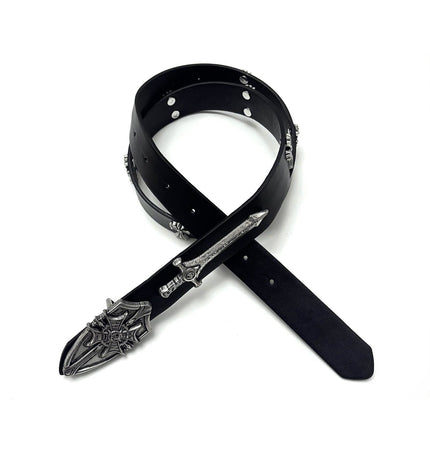 TALKLESSFASHION Black for waist circumference (75-95) cm Direction of Light Vintage Aged Sword Shield Belt Antique Silver Black Belt Vintage Crow Heart