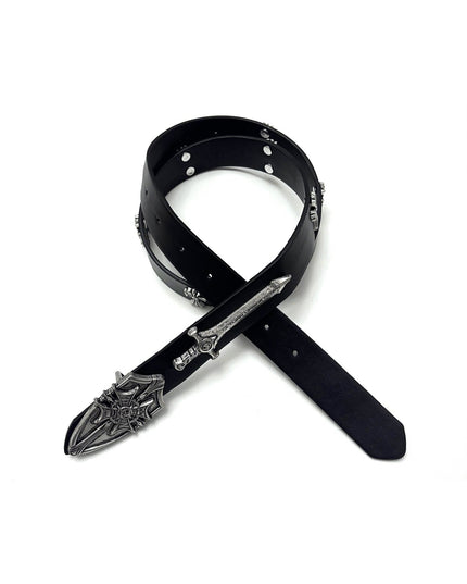 TALKLESSFASHION Black for waist circumference (75-95) cm Direction of Light Vintage Aged Sword Shield Belt Antique Silver Black Belt Vintage Crow Heart