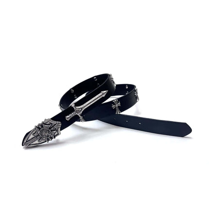 TALKLESSFASHION Black for waist circumference (75-95) cm Direction of Light Vintage Aged Sword Shield Belt Antique Silver Black Belt Vintage Crow Heart