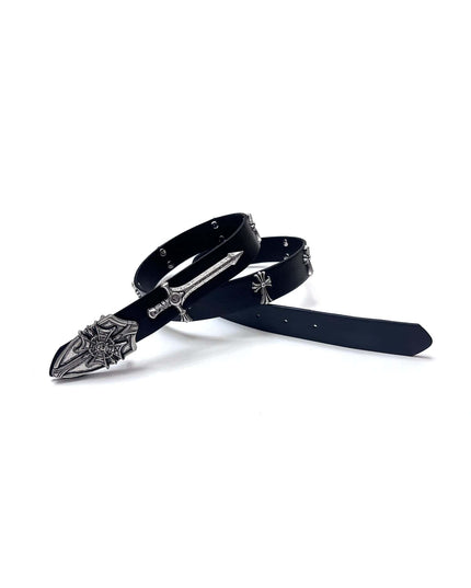 TALKLESSFASHION Black for waist circumference (75-95) cm Direction of Light Vintage Aged Sword Shield Belt Antique Silver Black Belt Vintage Crow Heart