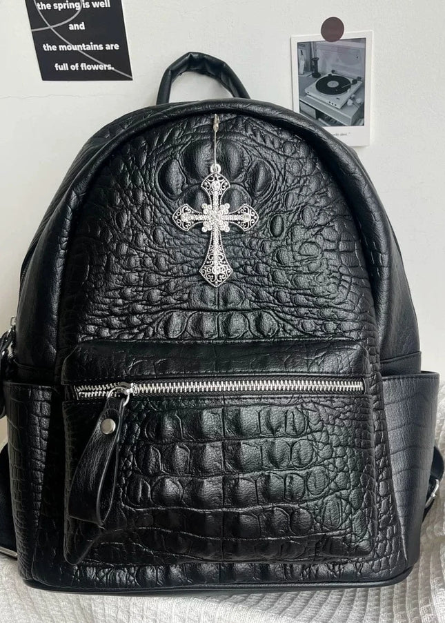 TALKLESSFASHION black MoonCat original black gothic crocodile pattern backpack school bag men's and women's premium texture niche y2k backpack