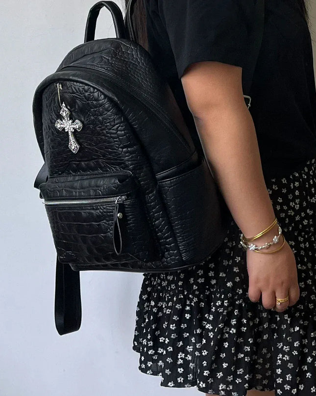TALKLESSFASHION black MoonCat original black gothic crocodile pattern backpack school bag men's and women's premium texture niche y2k backpack