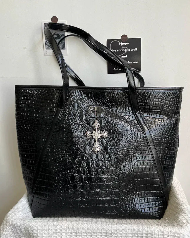 TALKLESSFASHION black MoonCat's original niche design cross crocodile tote bag large capacity premium shoulder tote bag