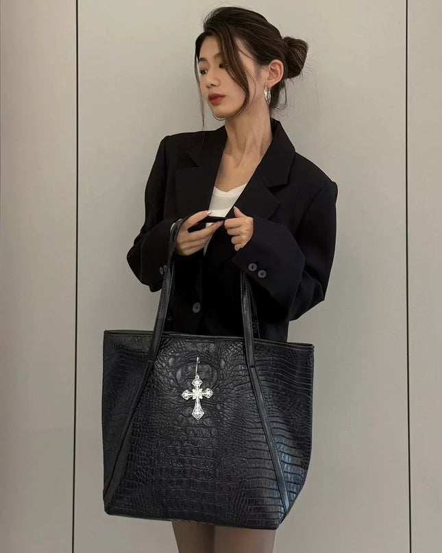 TALKLESSFASHION black MoonCat's original niche design cross crocodile tote bag large capacity premium shoulder tote bag