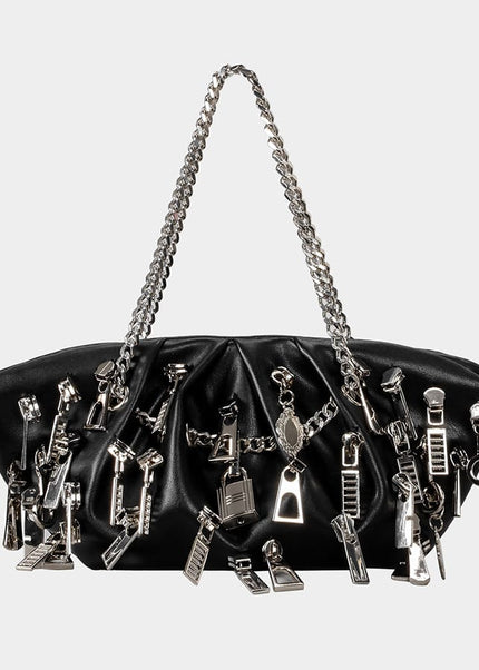 THETLSTUDIO black Punk Style Pleated Dumplings Armpit Bag 2025 New Multi Zipper Pull Decoration Women's Shoulder Bag Hot Girl Tote Bag