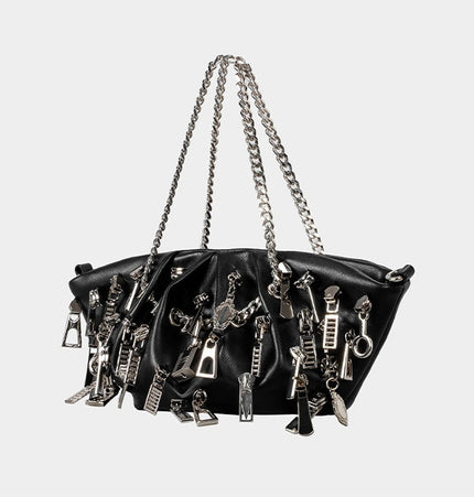 TALKLESSFASHION black Punk Style Pleated Dumplings Armpit Bag 2025 New Multi Zipper Pull Decoration Women's Shoulder Bag Hot Girl Tote Bag