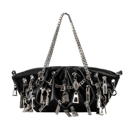 TALKLESSFASHION black Punk Style Pleated Dumplings Armpit Bag 2025 New Multi Zipper Pull Decoration Women's Shoulder Bag Hot Girl Tote Bag