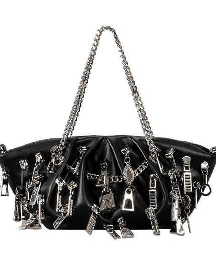 TALKLESSFASHION black Punk Style Pleated Dumplings Armpit Bag 2025 New Multi Zipper Pull Decoration Women's Shoulder Bag Hot Girl Tote Bag