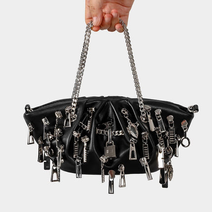 TALKLESSFASHION black Punk Style Pleated Dumplings Armpit Bag 2025 New Multi Zipper Pull Decoration Women's Shoulder Bag Hot Girl Tote Bag