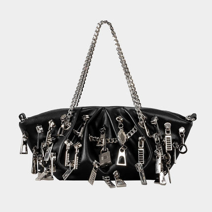 TALKLESSFASHION black Punk Style Pleated Dumplings Armpit Bag 2025 New Multi Zipper Pull Decoration Women's Shoulder Bag Hot Girl Tote Bag