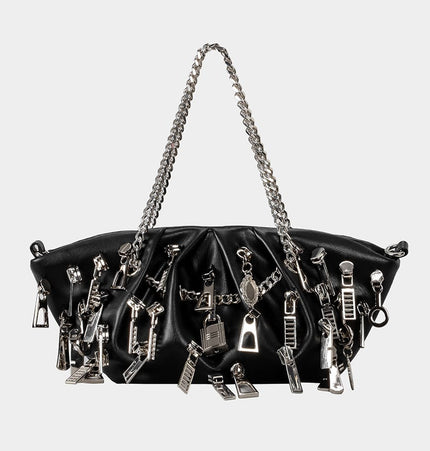 TALKLESSFASHION black Punk Style Pleated Dumplings Armpit Bag 2025 New Multi Zipper Pull Decoration Women's Shoulder Bag Hot Girl Tote Bag