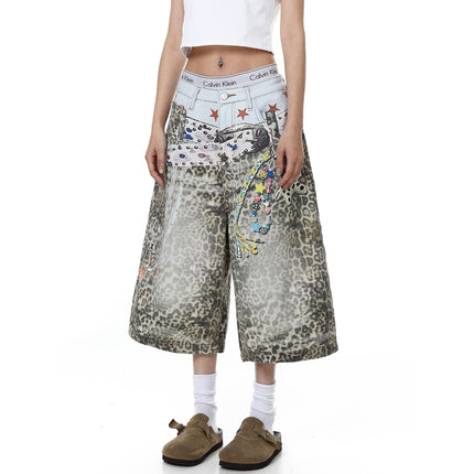 TALKLESSFASHION BLACKLISTS American 3D printed belt leopard print denim cropped pants for men and women with a sense of design feel distressed wide-leg shorts