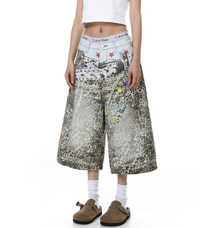 TALKLESSFASHION BLACKLISTS American 3D printed belt leopard print denim cropped pants for men and women with a sense of design feel distressed wide-leg shorts