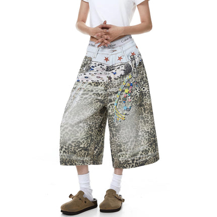TALKLESSFASHION BLACKLISTS American 3D printed belt leopard print denim cropped pants for men and women with a sense of design feel distressed wide-leg shorts
