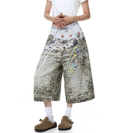 TALKLESSFASHION BLACKLISTS American 3D printed belt leopard print denim cropped pants for men and women with a sense of design feel distressed wide-leg shorts