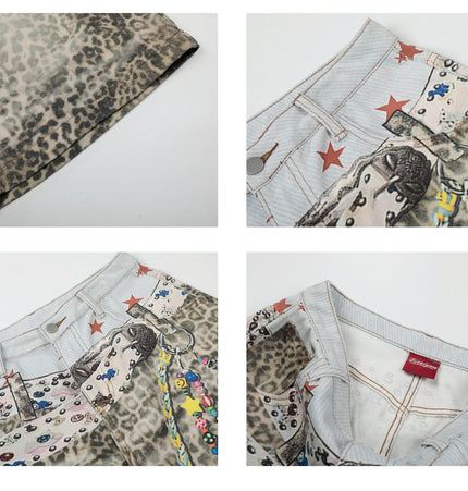 TALKLESSFASHION BLACKLISTS American 3D printed belt leopard print denim cropped pants for men and women with a sense of design feel distressed wide-leg shorts