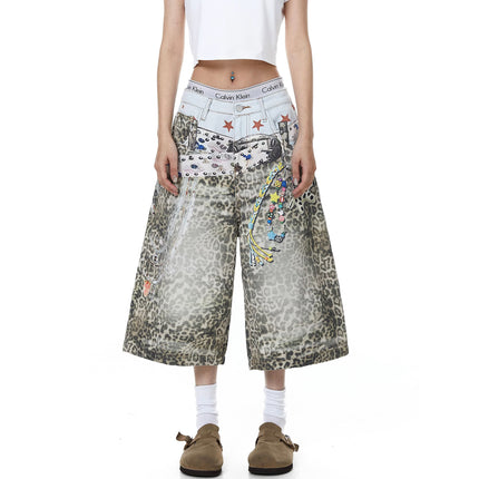 TALKLESSFASHION BLACKLISTS American 3D printed belt leopard print denim cropped pants for men and women with a sense of design feel distressed wide-leg shorts