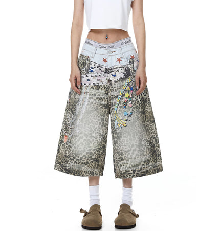 TALKLESSFASHION BLACKLISTS American 3D printed belt leopard print denim cropped pants for men and women with a sense of design feel distressed wide-leg shorts