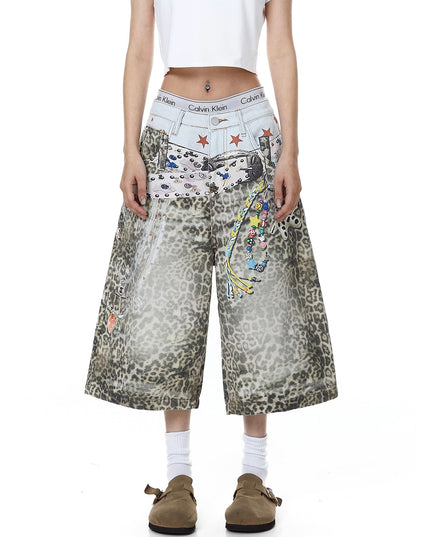 TALKLESSFASHION BLACKLISTS American 3D printed belt leopard print denim cropped pants for men and women with a sense of design feel distressed wide-leg shorts