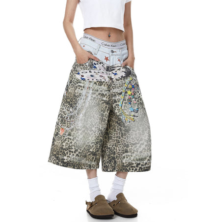 TALKLESSFASHION BLACKLISTS American 3D printed belt leopard print denim cropped pants for men and women with a sense of design feel distressed wide-leg shorts