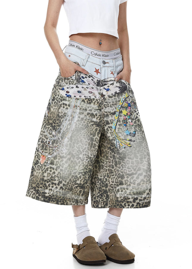 TALKLESSFASHION BLACKLISTS American 3D printed belt leopard print denim cropped pants for men and women with a sense of design feel distressed wide-leg shorts