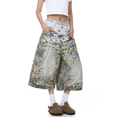 THETLSTUDIO BLACKLISTS American 3D printed belt leopard print denim cropped pants for men and women with a sense of design feel distressed wide-leg shorts