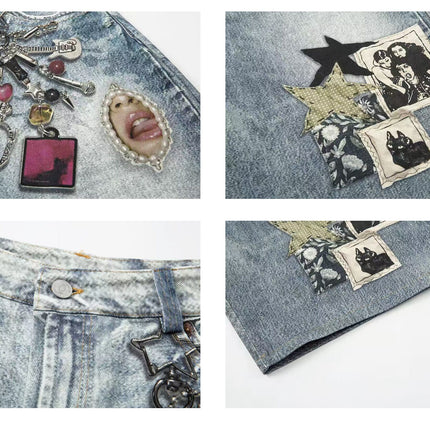TALKLESSFASHION BLACKLISTS American 3D printing graffiti design denim cropped pants for men and women in summer distressed wide-leg shorts