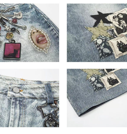TALKLESSFASHION BLACKLISTS American 3D printing graffiti design denim cropped pants for men and women in summer distressed wide-leg shorts