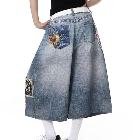 TALKLESSFASHION BLACKLISTS American 3D printing graffiti design denim cropped pants for men and women in summer distressed wide-leg shorts