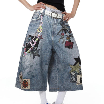 TALKLESSFASHION BLACKLISTS American 3D printing graffiti design denim cropped pants for men and women in summer distressed wide-leg shorts