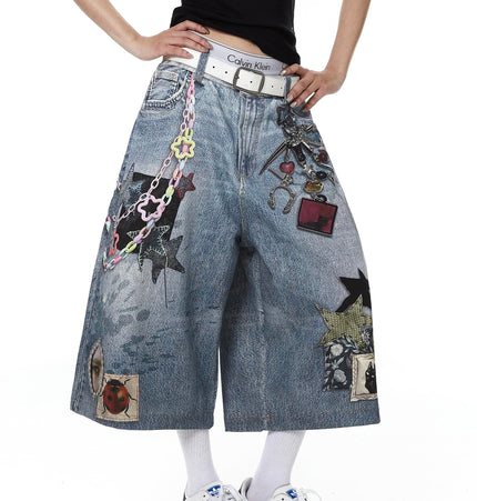 TALKLESSFASHION BLACKLISTS American 3D printing graffiti design denim cropped pants for men and women in summer distressed wide-leg shorts