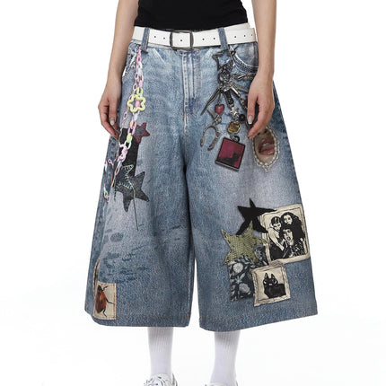 TALKLESSFASHION BLACKLISTS American 3D printing graffiti design denim cropped pants for men and women in summer distressed wide-leg shorts