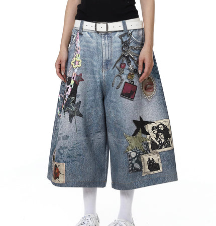 TALKLESSFASHION BLACKLISTS American 3D printing graffiti design denim cropped pants for men and women in summer distressed wide-leg shorts