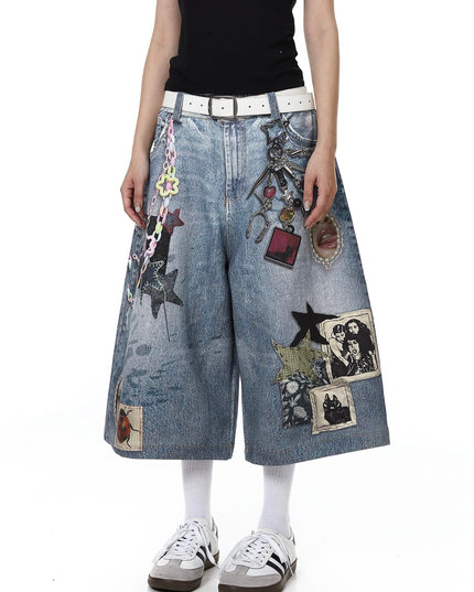 TALKLESSFASHION BLACKLISTS American 3D printing graffiti design denim cropped pants for men and women in summer distressed wide-leg shorts