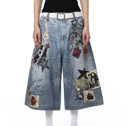 TALKLESSFASHION BLACKLISTS American 3D printing graffiti design denim cropped pants for men and women in summer distressed wide-leg shorts