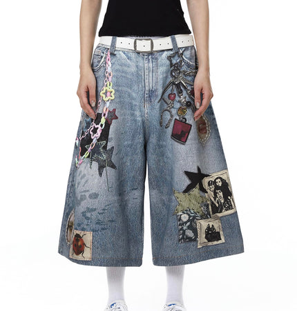 TALKLESSFASHION BLACKLISTS American 3D printing graffiti design denim cropped pants for men and women in summer distressed wide-leg shorts
