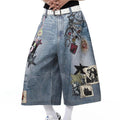 TALKLESSFASHION BLACKLISTS American 3D printing graffiti design denim cropped pants for men and women in summer distressed wide-leg shorts