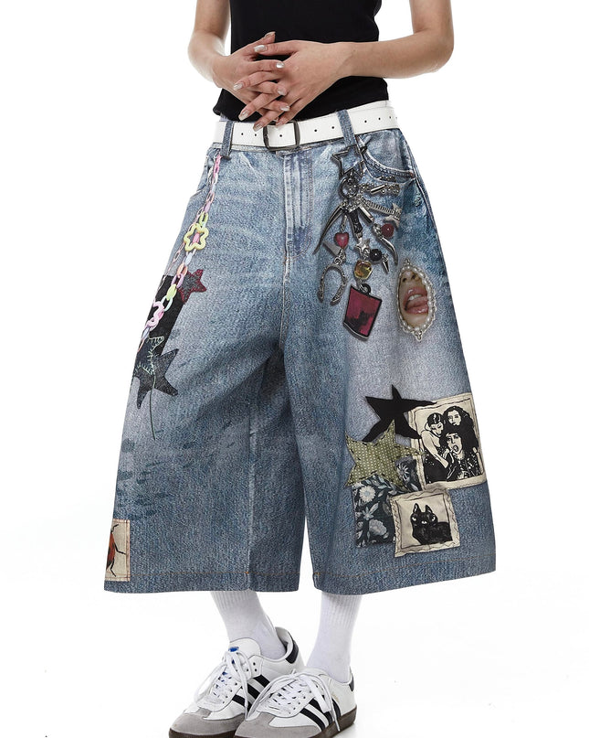 TALKLESSFASHION BLACKLISTS American 3D printing graffiti design denim cropped pants for men and women in summer distressed wide-leg shorts
