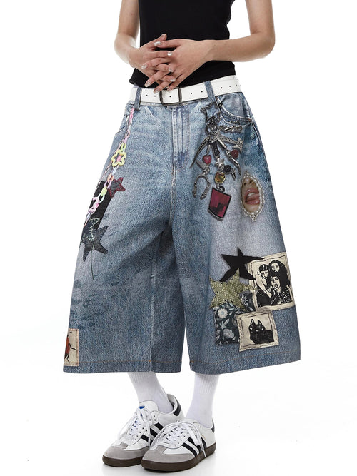 THETLSTUDIO BLACKLISTS American 3D printing graffiti design denim cropped pants for men and women in summer distressed wide-leg shorts
