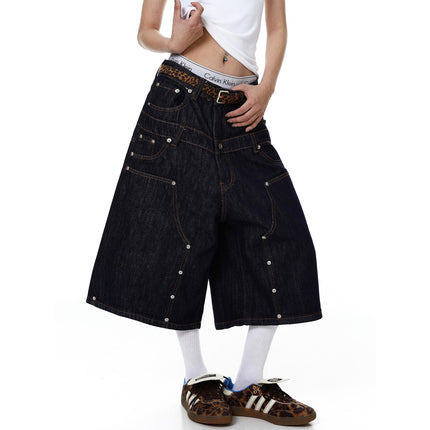 TALKLESSFASHION BLACKLISTS American deconstructed topline design sense riveted denim cropped pants men's and women's fake two-piece cargo shorts