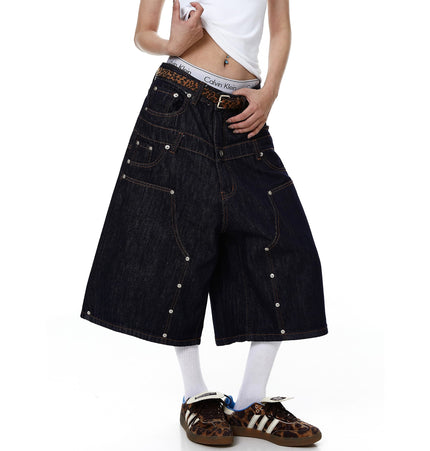 TALKLESSFASHION BLACKLISTS American deconstructed topline design sense riveted denim cropped pants men's and women's fake two-piece cargo shorts